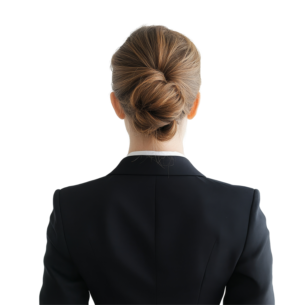 Back view of a business woman with a bun wearing a suit against a transparent background, Back View of Business Woman with Bun on transparent background png