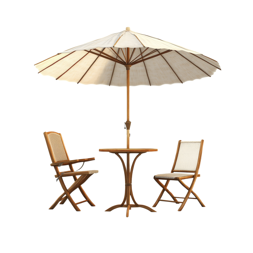 Stylish wooden table and two chairs with a large parasol umbrella isolated on a transparent background, Table with Chair and Parasol Umbrella Isolated on transparent background png