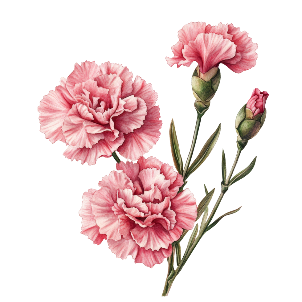 Beautiful pink carnation flowers isolated on a transparent background showcasing their delicate layers and vibrant color, of Carnation flowers isolated on transparent background png