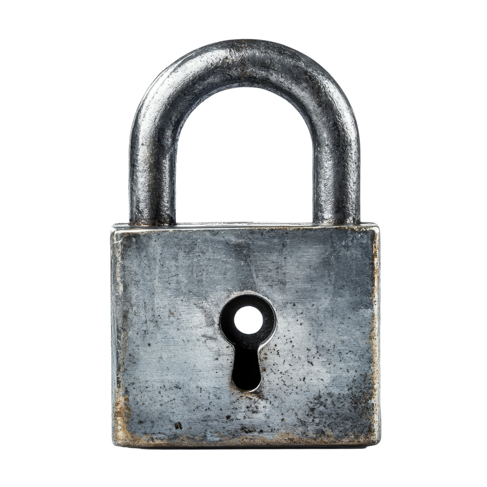 Front view of a metallic padlock with a keyhole displaying robust design and durability in a neutral setting, metallic padlock with hole front view isolated on transparent background png