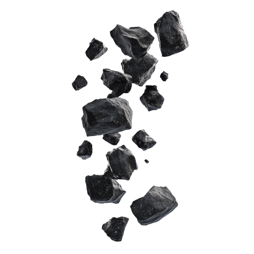 Black rocks levitating in midair against a clean transparent background with a touch of transparent hue, black rocks falling levitating flying, isolated on transparent background png