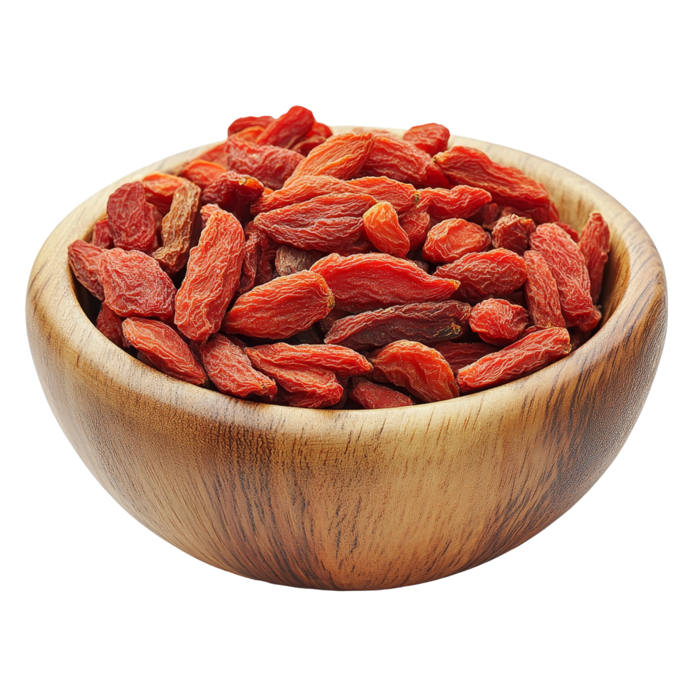 Dried goji berries in a wooden bowl against a transparent background for healthy snacking or culinary use, dried goji berries in wood bowl transparent background png