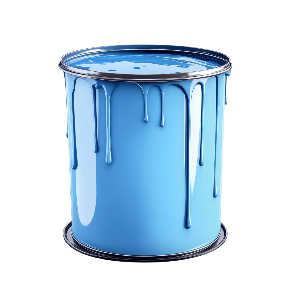 Large open can of blue paint with drips sitting on a clean surface in a brightly lit environment, large open can of blue paint with drips, file of isolated object with shadow on transparent background png