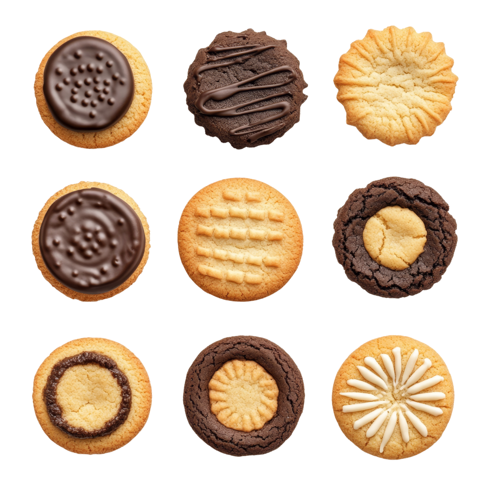 Delicious assortment of nine unique cookies arranged on a transparent background for enticing baking inspiration, single cookie top view isolated on transparent background png