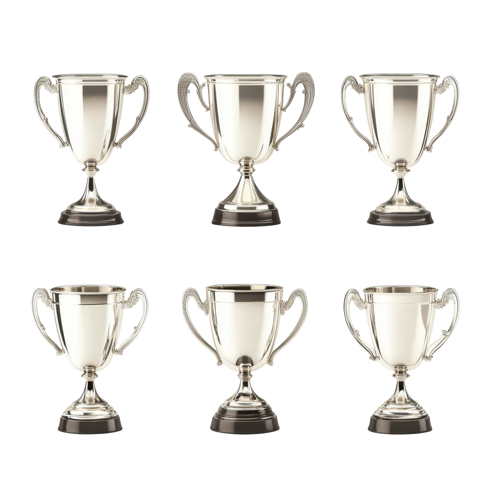A set of six elegant silver trophy cups showcasing their design on a transparent background, Silver Trophy Cups Set on transparent background png