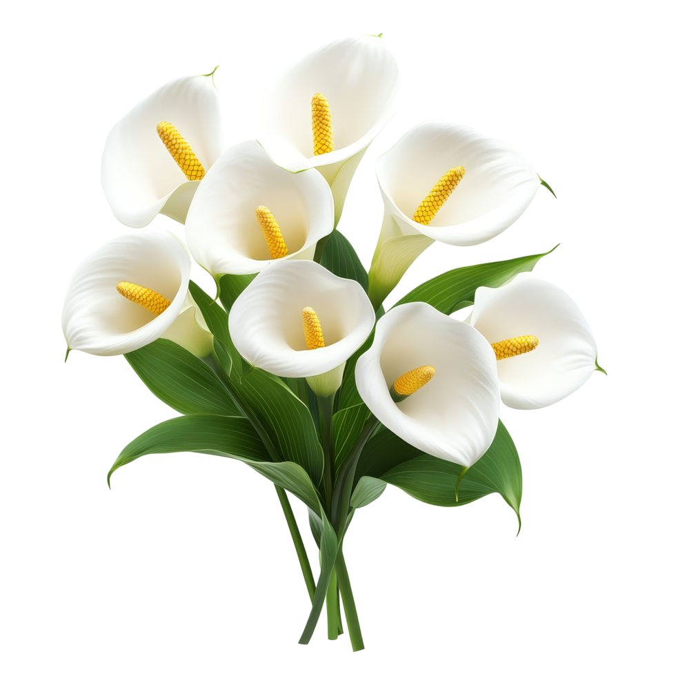 Elegant bouquet of cala lily flowers on a pristine transparent background showcasing their beauty, Bouquet of cala lily flowers, isolated on transparent background png
