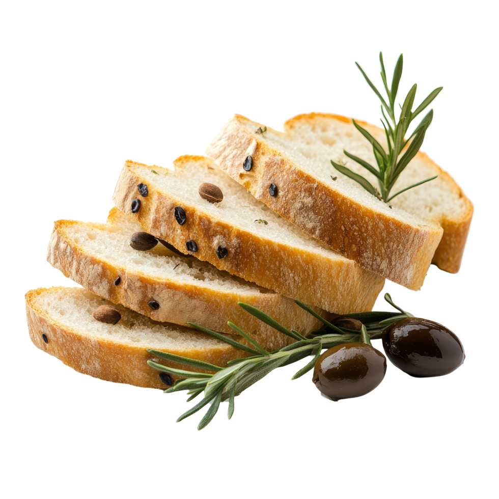 Sliced bread with olives and herbs arranged beautifully on a transparent background for culinary delights, Olive and herbs sliced bread isolated png