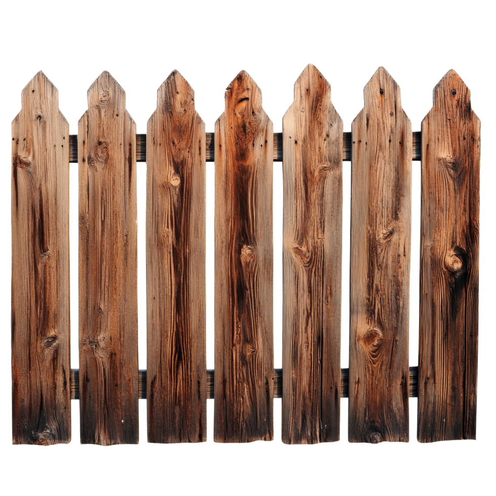 Brown wooden fence with pointed tops isolated on transparent background, perfect for rustic design inspiration, brown wooden fence isolated on transparent background png