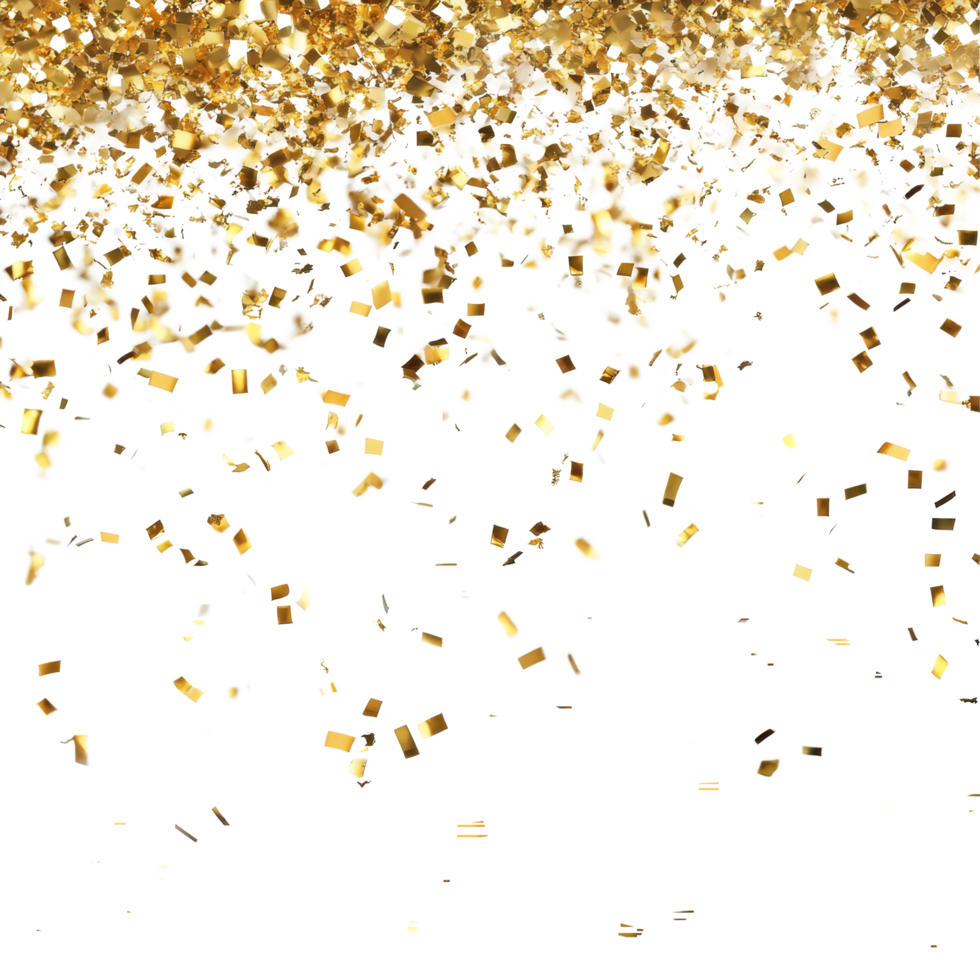 Golden glitter confetti creating a luxurious and festive atmosphere for celebrations and special occasions, Golden Glitter Celebration Luxurious Sparkling Confetti Rain on transparent background png