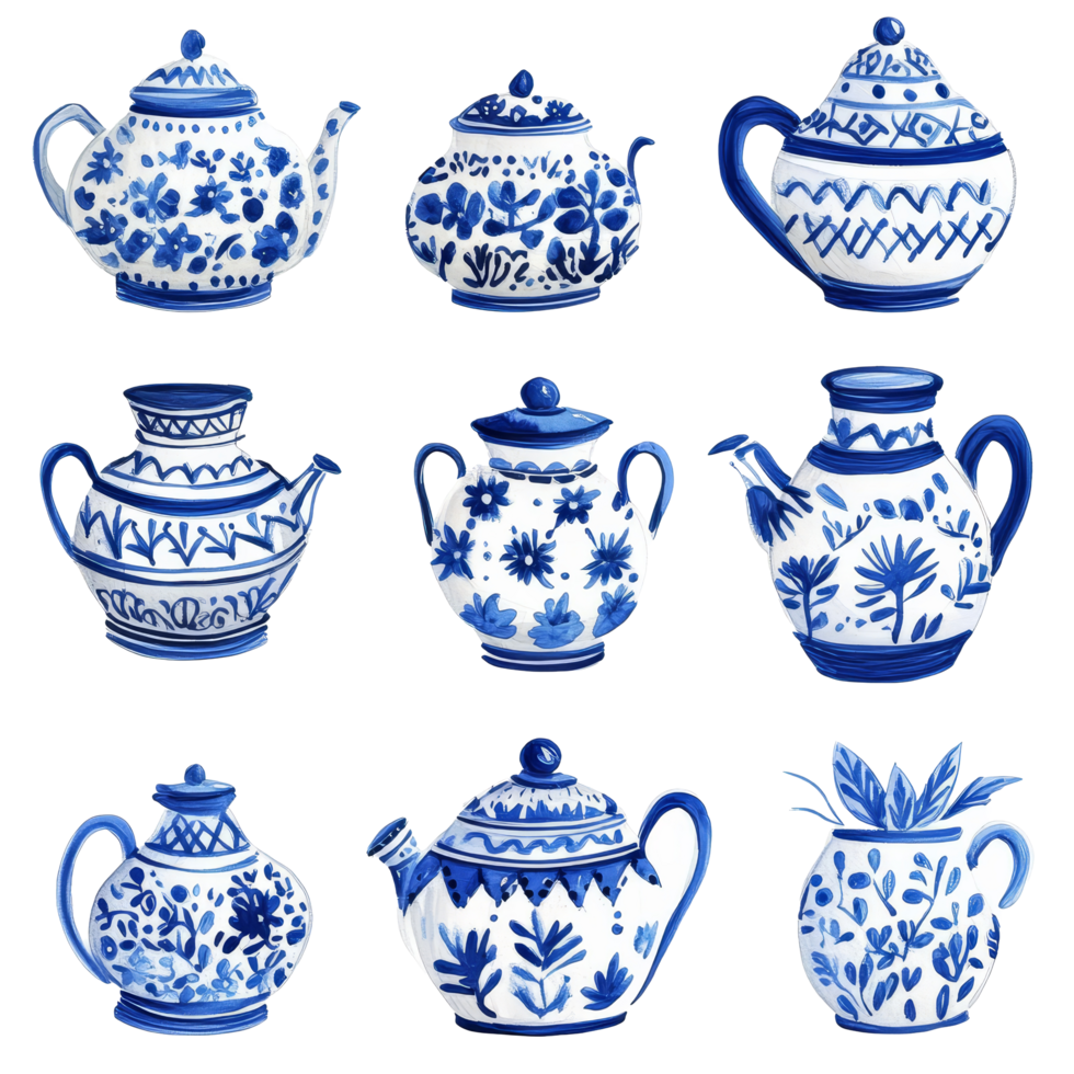 Collection of blue and transparent talavera pottery showcasing intricate designs and craftsmanship at a local artisan, blue and transparent talavera pottery pot illustration isolated on transparent png