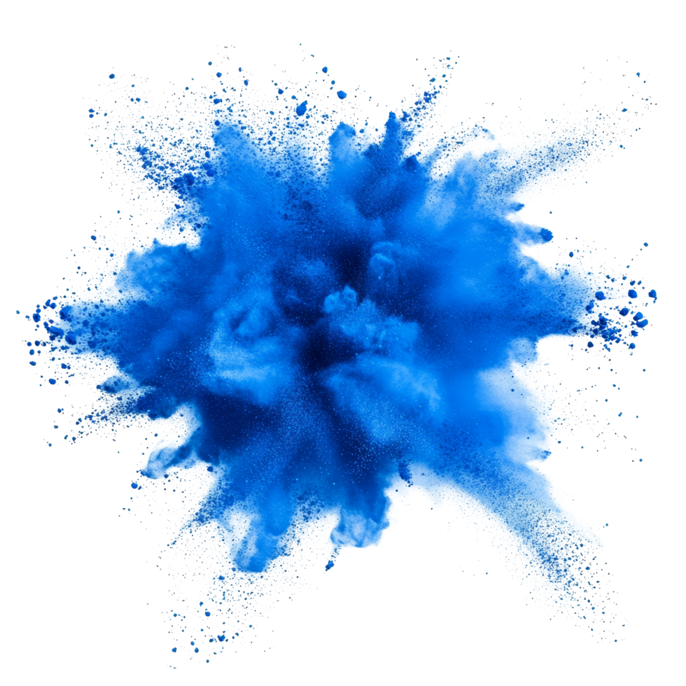 Vibrant blue color powder explosion against a transparent background creating a striking visual effect, blue color powder pulver explosion isolated on transparent background png