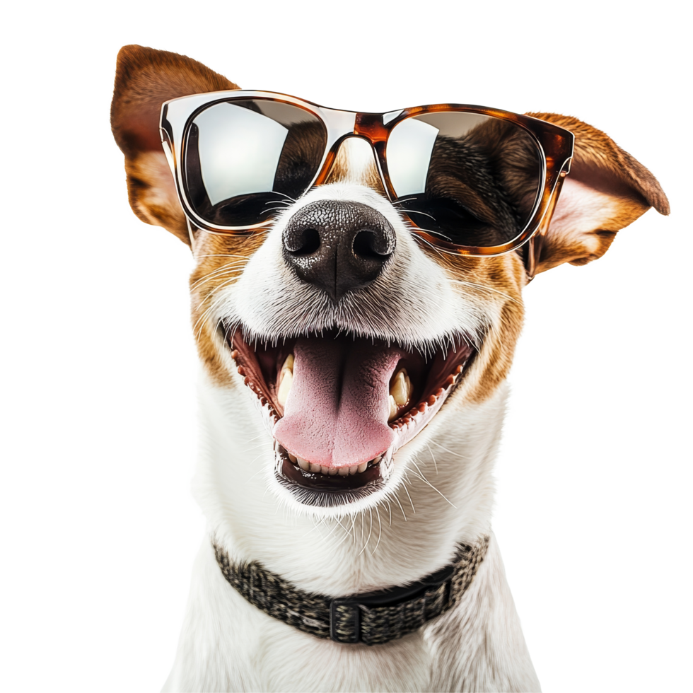 Happy dog wearing stylish sunglasses enjoys a sunny day against a bright transparent background, Funny happy dog wearing sunglasses transparent background png