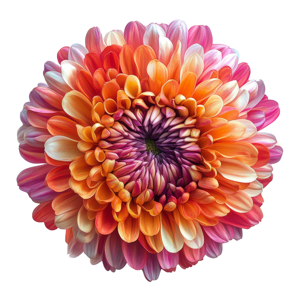 Vibrant chrysanthemum flower showcasing a blend of orange and pink petals against a transparent background, vibrant chrysanthemum in style, isolated on a transparent background for design layouts png