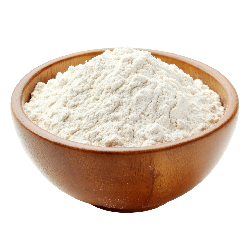 A wooden bowl filled with flour isolated against a transparent background for culinary uses, bowl of flour isolated on transparent background png