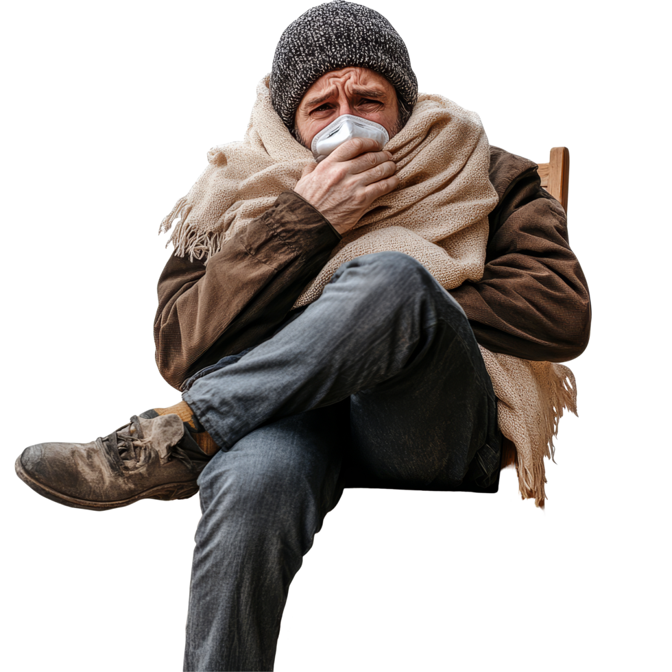 A patient sitting in a chair, wrapped in a blanket, struggling with cold and flu symptoms in a cozy indoor setting, file no background Patient with cold and flu sitting on a chair png