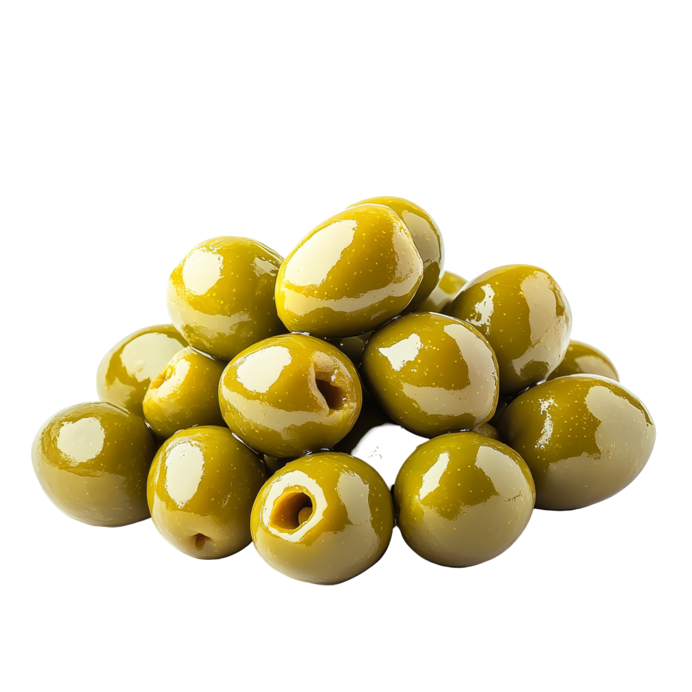 Fresh green olives piled together on a clean transparent surface, showcasing their vibrant color and smooth texture, green olives isolated on transparent background png