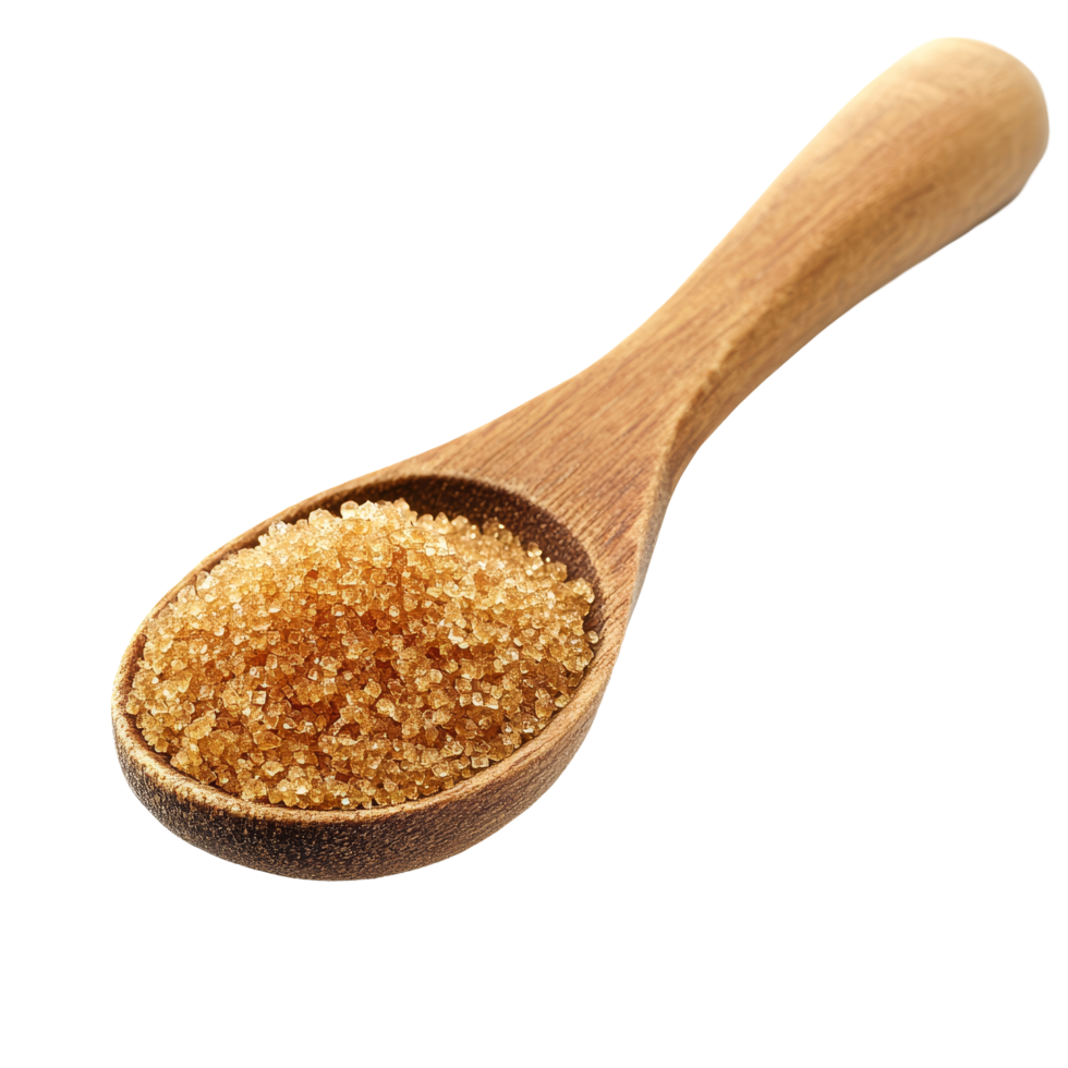 Brown sugar in a wooden spoon against a clean transparent background highlighting its texture and natural color, Brown sugar in wooden spoon on transparent background png