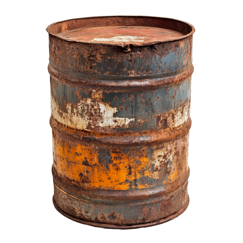 Old rusty oil barrel isolated against a transparent background highlighting its worn texture and faded colors, old rusty oil barrel isolated on transparent background png
