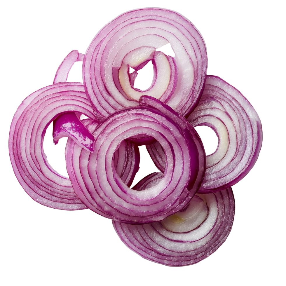Freshly sliced red onion rings arranged on a clean transparent background, showcasing their vibrant color and texture, Sliced red onion rings on transparent background png
