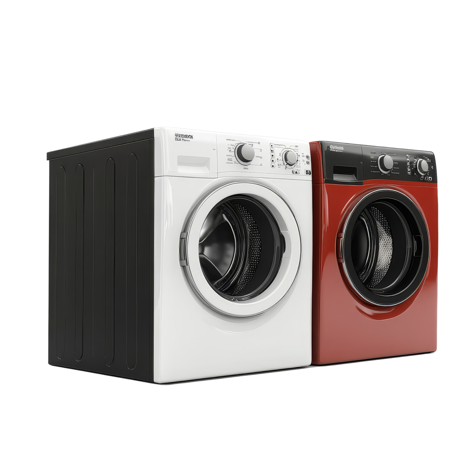 Two modern washing machines in black and red isolated on a clean transparent background for product display, washing machines isolated on transparent background png