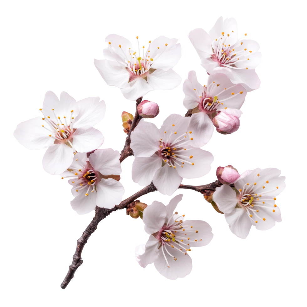 Fresh cherry blossom sakura branch with delicate flowers and buds isolated against a clean transparent background, of fresh cherry blossom sakura isolated on transparent background png