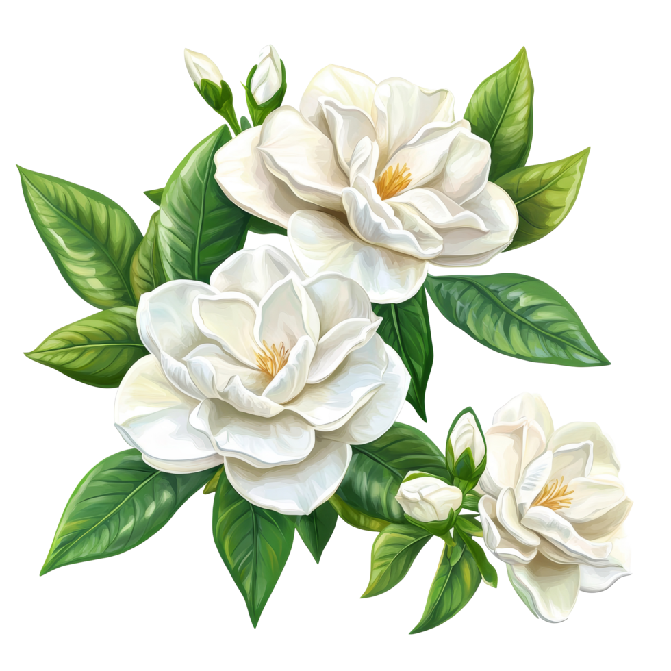 Beautiful gardenia flowers clipart isolated on a transparent background, showcasing delicate blooms and lush green leaves, Gardenia flowers isolated on transparent background png