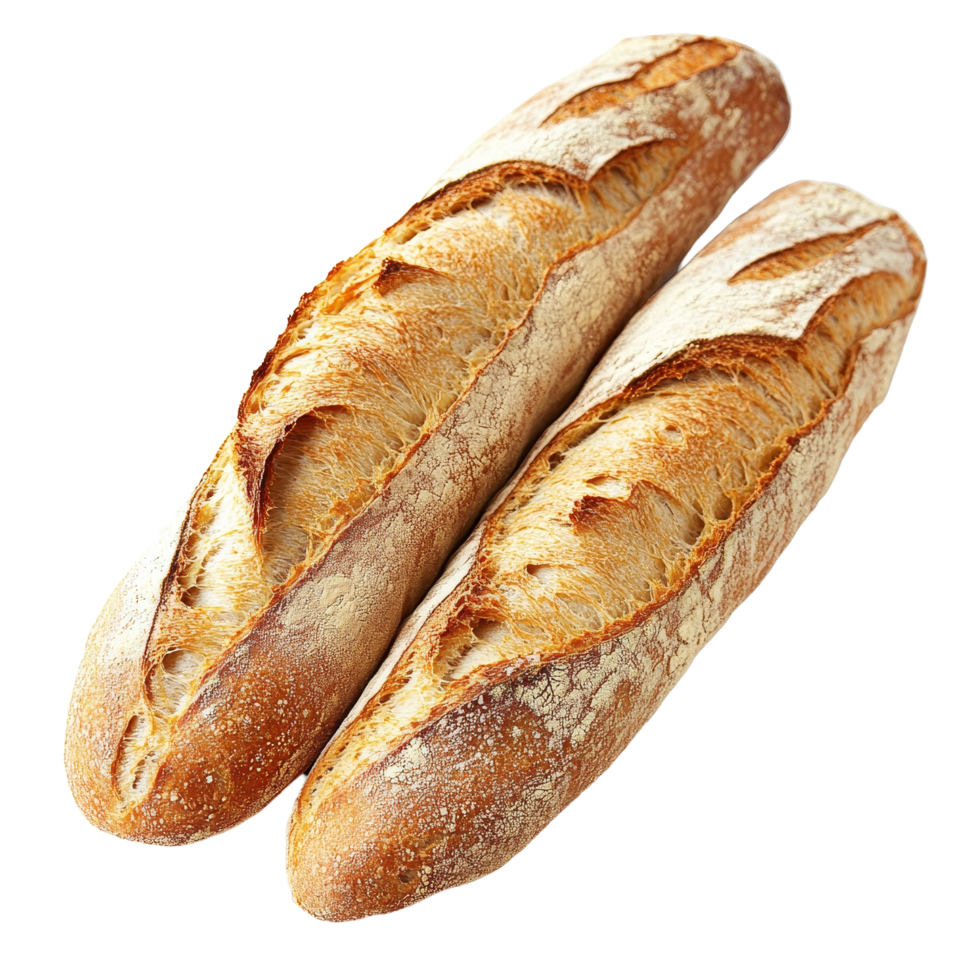 Freshly baked French baguettes displayed on a neutral backdrop, showcasing their crispy crust and airy texture, French baguette isolated png