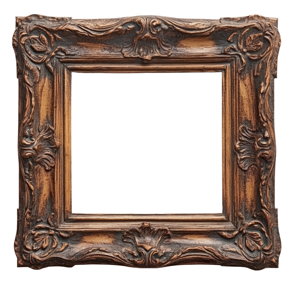 Elegant wooden painting frame isolated on a transparent background showcasing intricate detailing and craftsmanship, Wooden painting frame isolated on transparent background png
