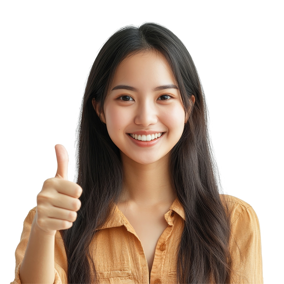 Young Asian woman expressing joy with a thumbsup gesture in a bright indoor setting, Happy young Asian woman feeling happiness and gesture thumb up with transparent background png