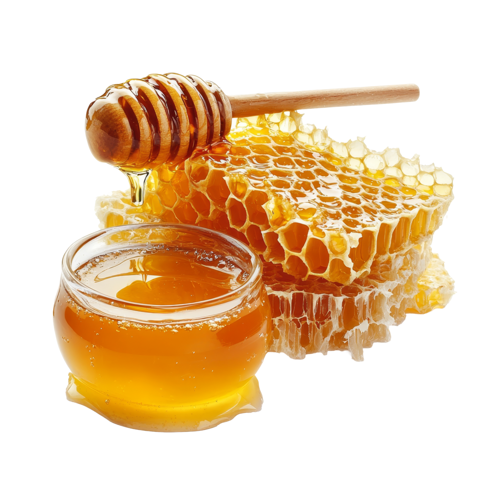 Delicious honey drips from a wooden dipper above a jar of golden honey next to fresh honeycomb on a transparent background, honeycomb and honey isolated on transparent background png