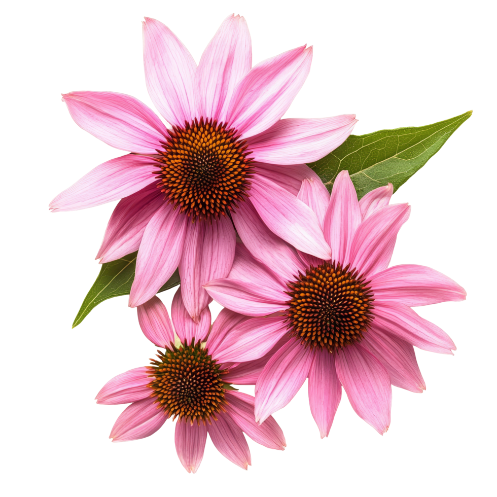 Vibrant echinacea flowers with green leaves isolated on a transparent background, showcasing summer beauty and elegance, echinacea flowers isolated transparent background png
