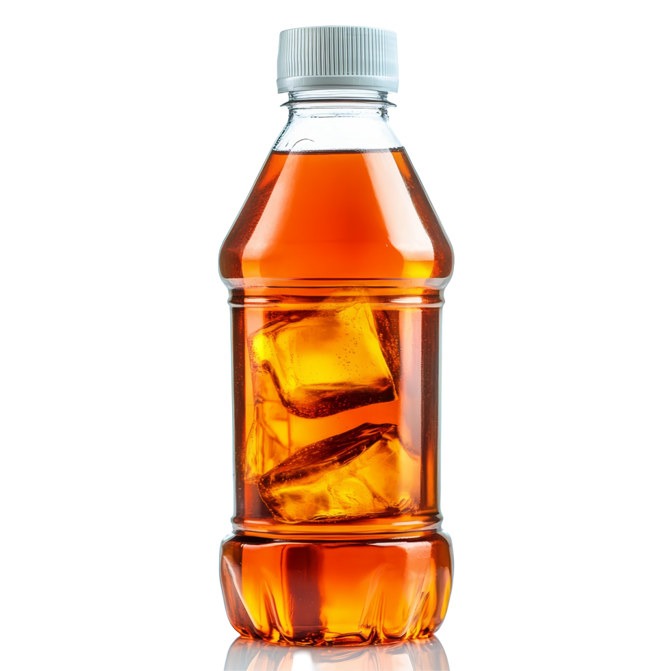 A refreshing bottle of iced tea with ice cubes on a clean transparent background, bottle of ice tea on transparent background png