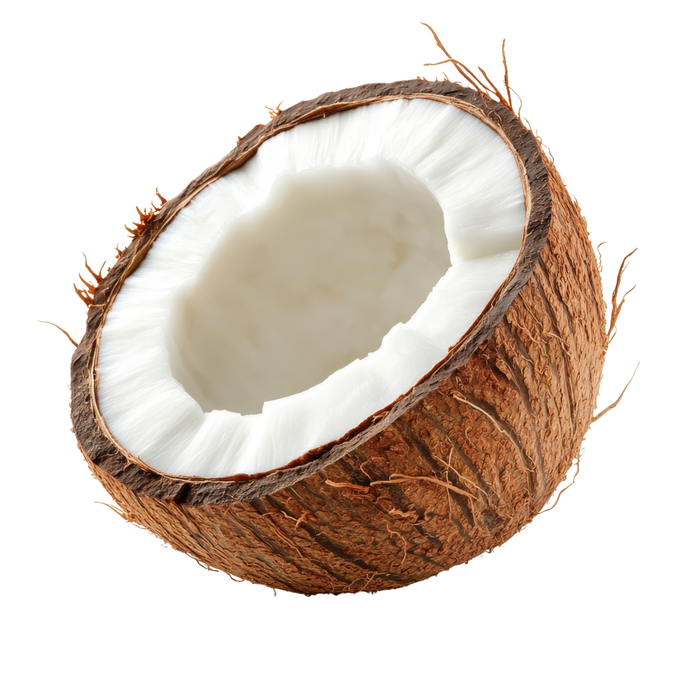 Fresh coconut half isolated on transparent background showcasing its textured shell and creamy interior for culinary and decoration use, Coconut Half isolated on transparent background png