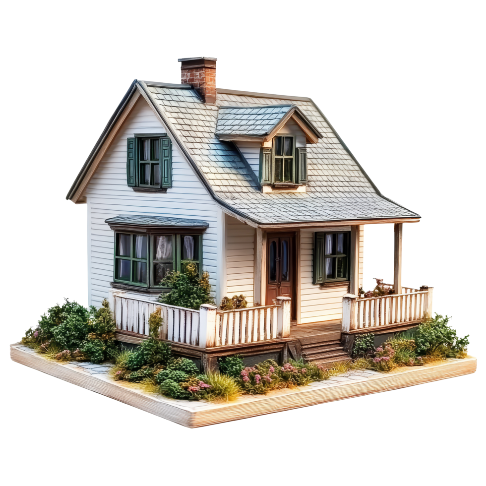 Charming bungalow cottage with detailed porch and garden against an isolated transparent background, bungalow cottage, isolated transparent background png