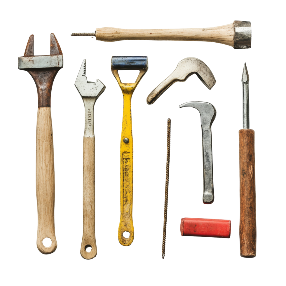 Various construction tools arranged neatly on a transparent background, highlighting essential equipment for repair and building projects, Construction tools isolated Stock Photo png