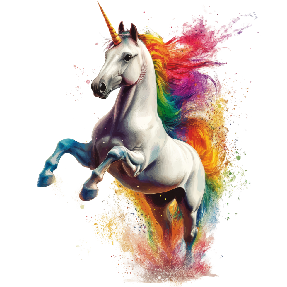 A colorful unicorn leaps joyfully against a pure transparent background, showcasing a vibrant rainbow mane and tail, Unicorn on transparent background png