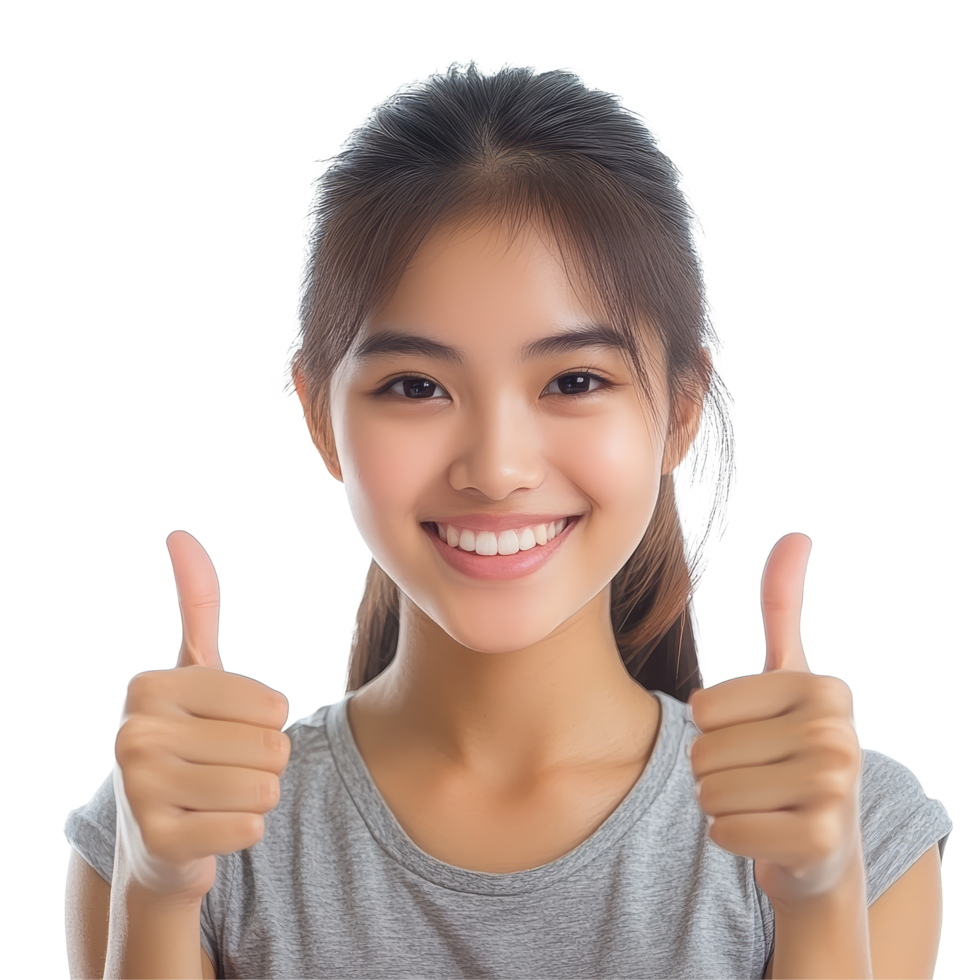 Smiling Asian girl giving thumbs up indoors during sunny day, expressing joy and positivity, Happy beautiful Asian girl thumbs up and smiling isolated on transparent background png