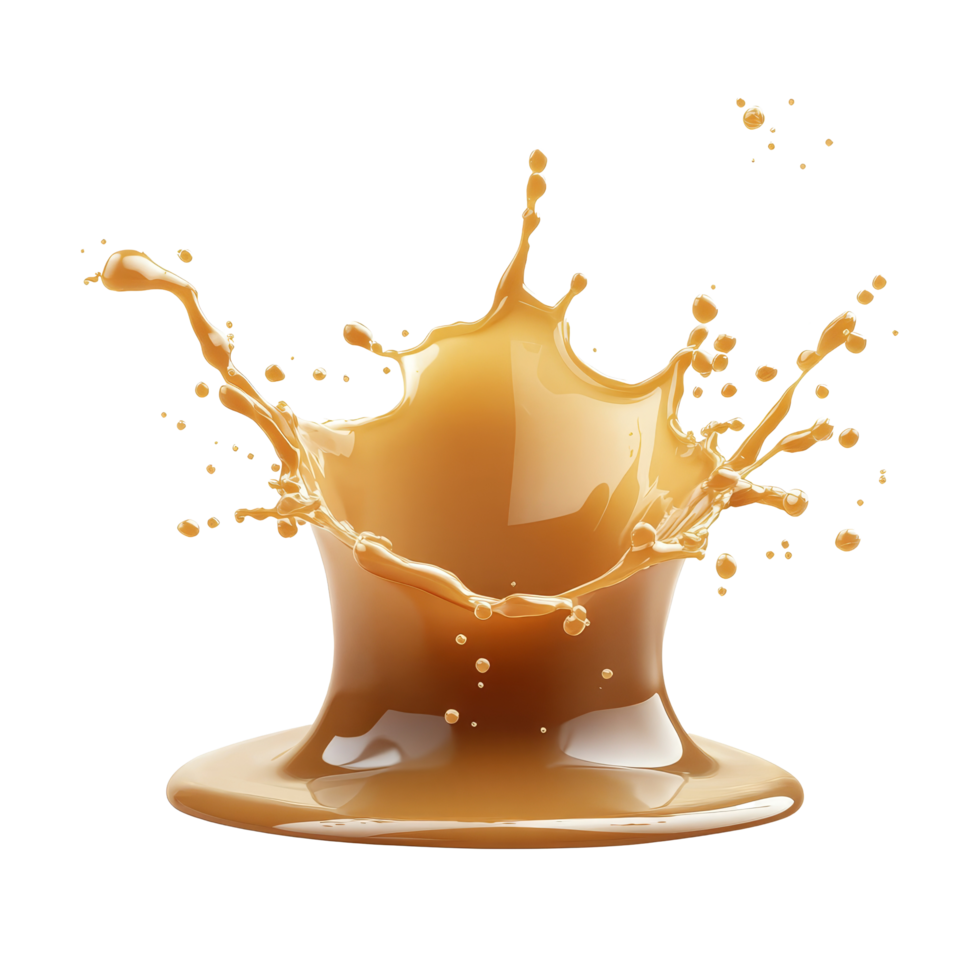 Sweet caramel liquid splash captured in a vibrant freeze on a transparent background, Sweet Caramel Liquid Splash isolated on transparent background png