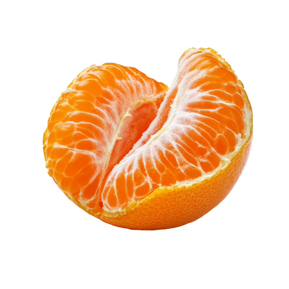 Freshly peeled tangerine segment resting on a clean transparent background with vibrant colors and textures, Tangerine or clementine on transparent background png