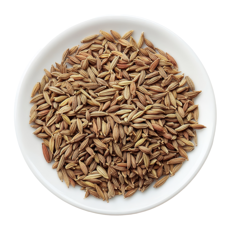 Cumin seeds arranged in a transparent plate on a light background, showcasing their texture and natural color, cumin seeds in plate on transparent background png