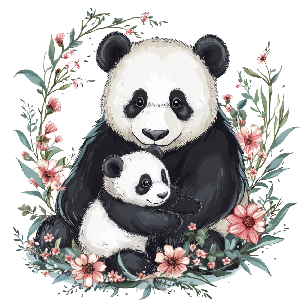 A mother panda gently embraces her cub amidst a backdrop of colorful floral decorations, Mother Panda with Cub and Floral Decoration, illustrastion for mother days on transparent background png