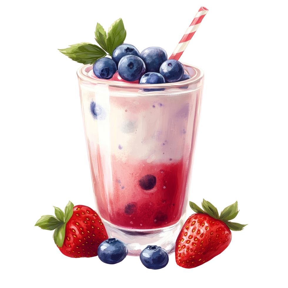 Refreshing yogurt drink featuring strawberries and blueberries served in a glass with a pink background, Strawberries and blueberries yogurt drink png