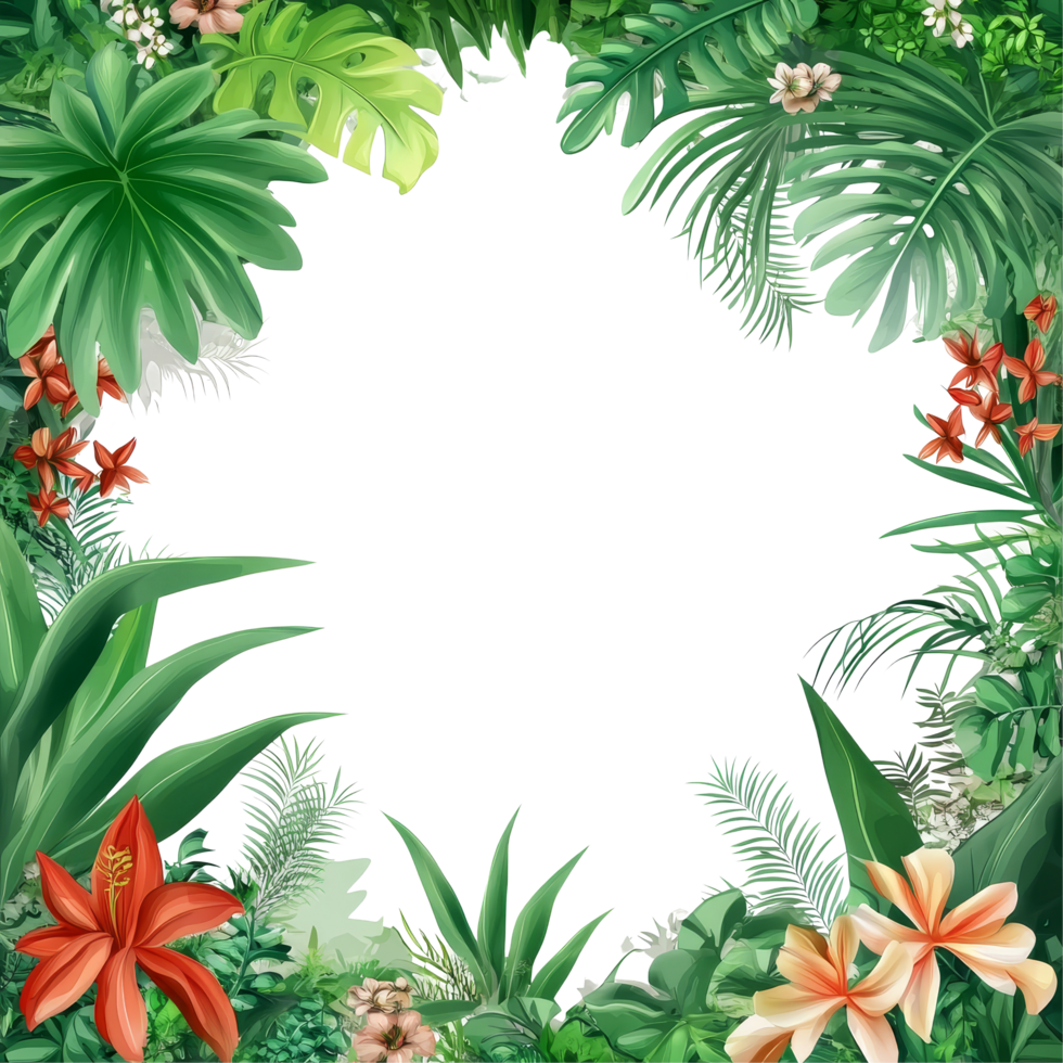 Tropical foliage creating a vibrant frame with lush greenery and colorful flowers surrounding a blank space, Tropical foliage plant bush nature frame layout of Fish transparent png