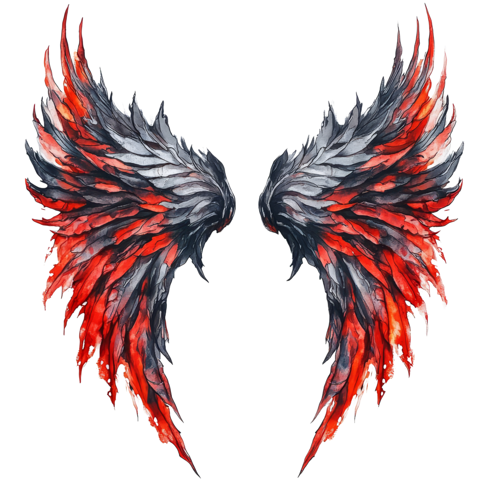Demon wings with fiery red accents displayed prominently against a transparent background showcasing dramatic artistry, Demon Wings with Fiery Red Accents on transparent background png