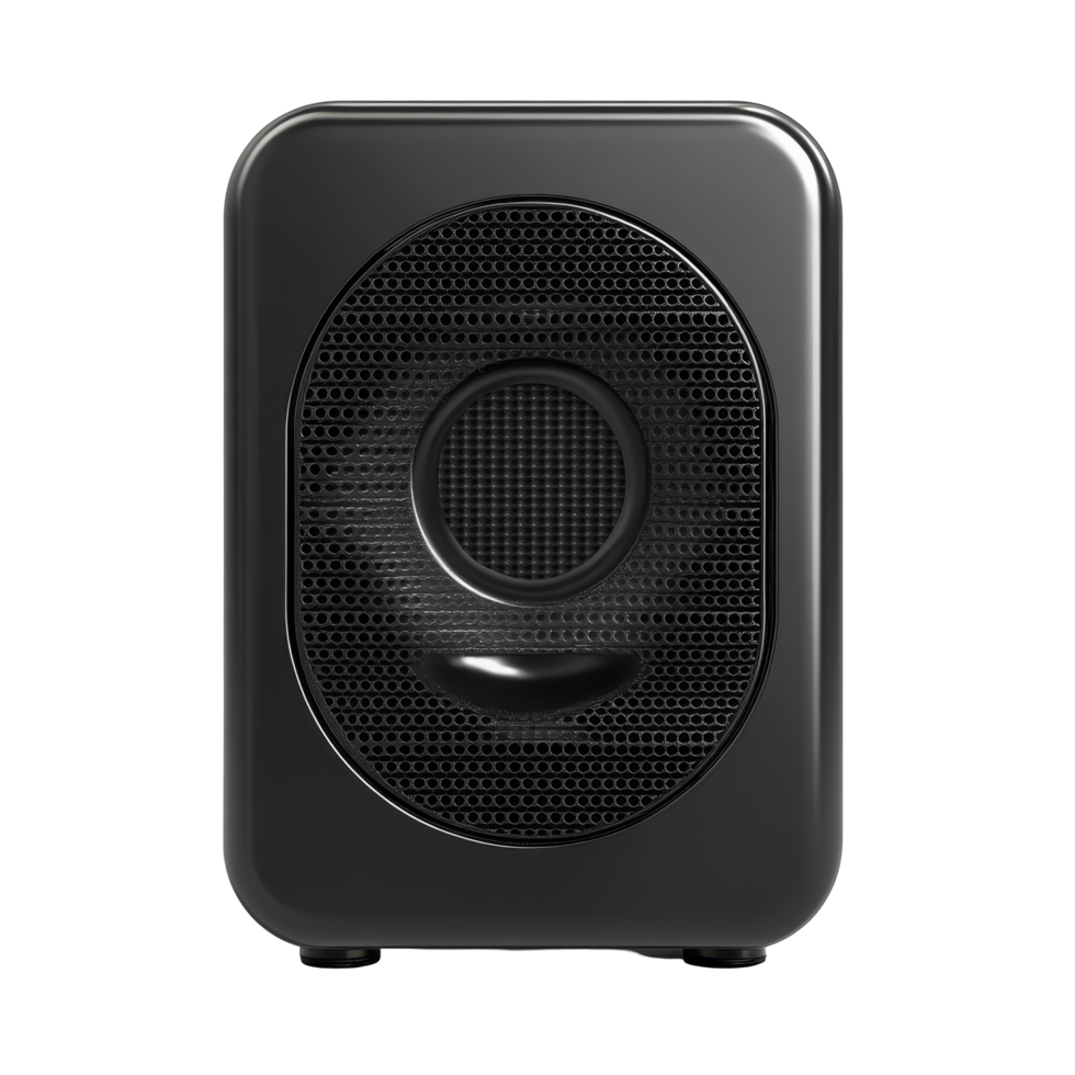 Sleek black portable wireless speaker designed for modern music enjoyment at home or on the go, black wireless portable speaker, file of isolated object with shadow on transparent background png