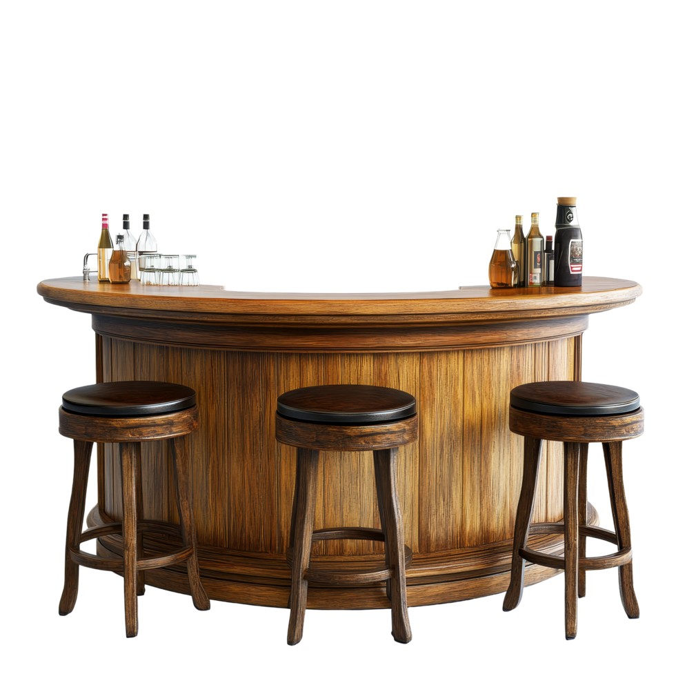 Stylish wooden bar counter with stools and drinks set against a transparent background, Bar counter isolated on transparent background png