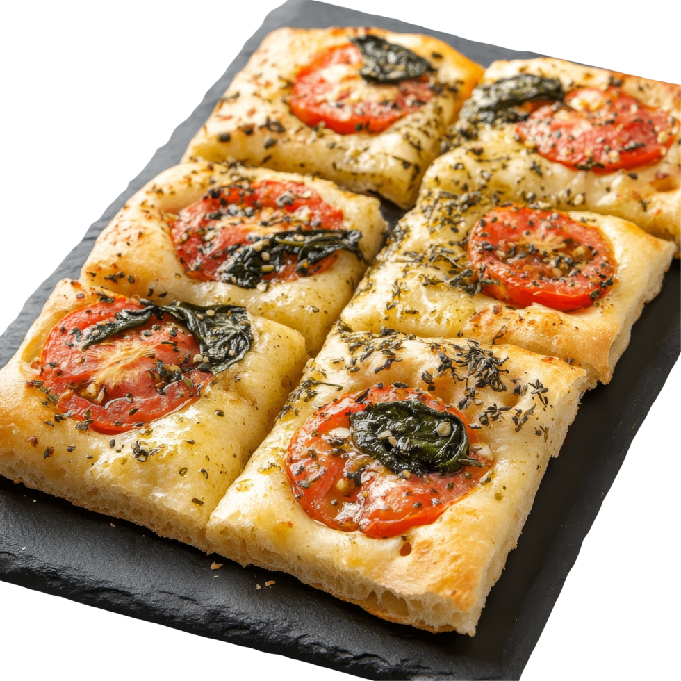 Delicious Italian focaccia topped with fresh tomatoes and spinach on a rustic black slate board, italian focaccia with tomato and spinach png