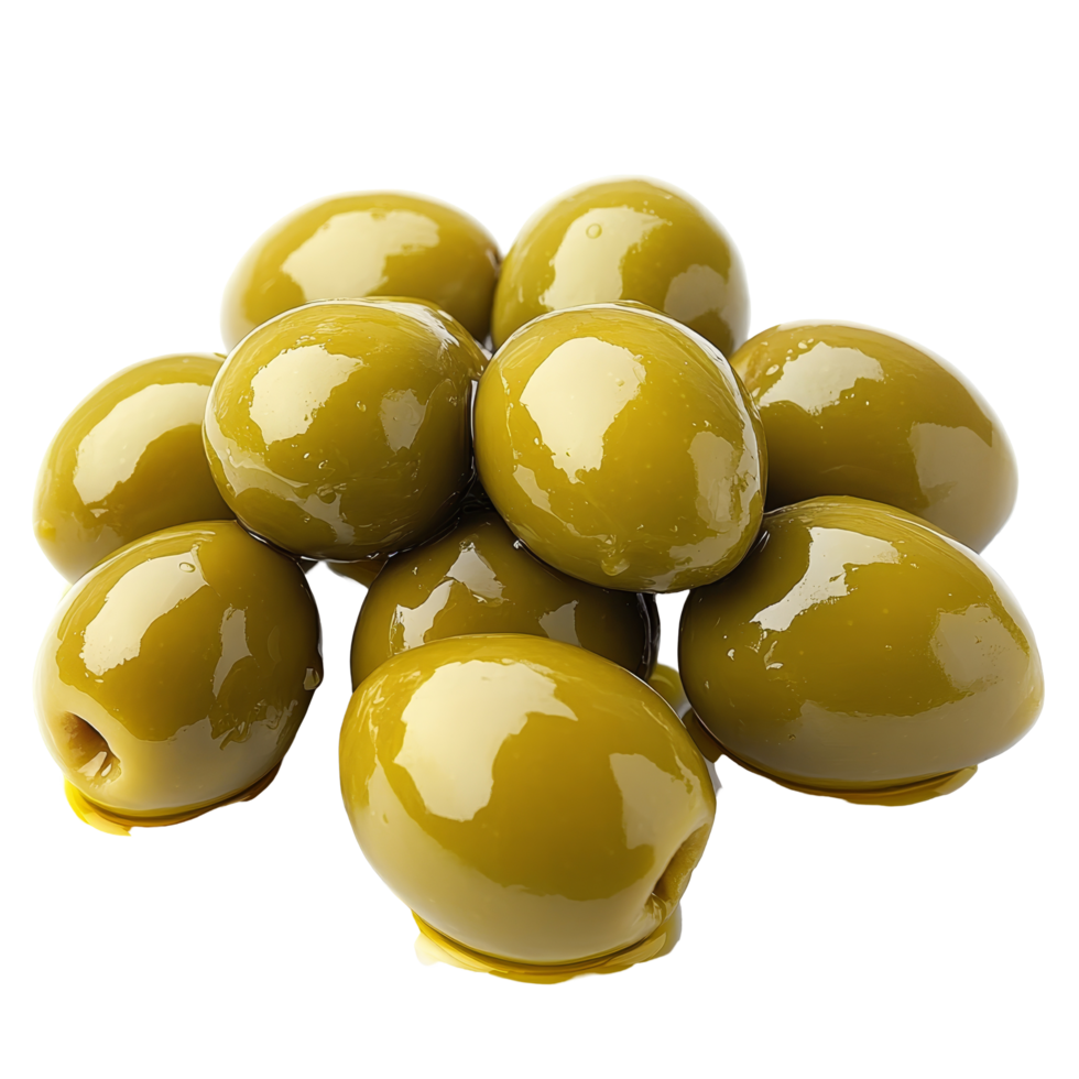 Fresh green olives glistening in olive oil on a bright transparent background, showcasing their vibrant color and texture, green olives and oil on transparent background png