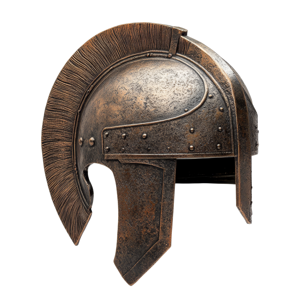 Ancient gladiator helmet featuring detailed craftsmanship against a transparent background, gladiator helmet isolated on transparent background png