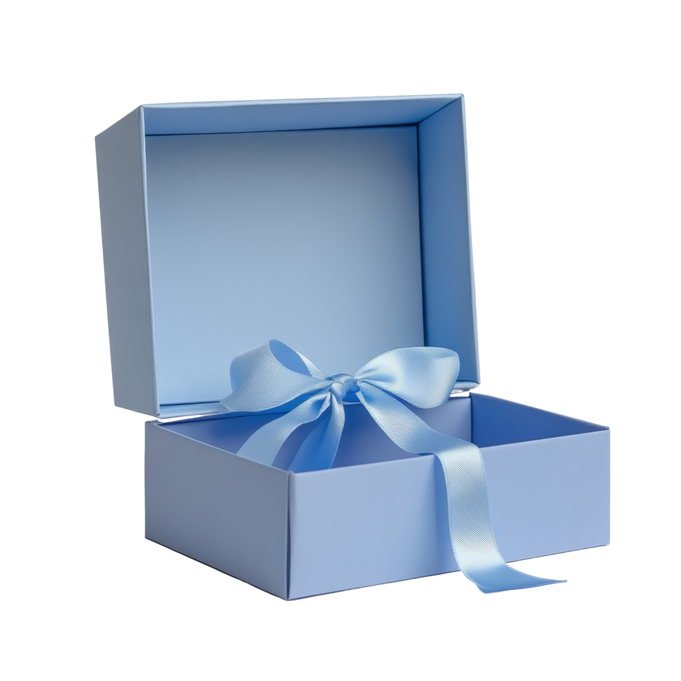 Elegant blue open gift box with a delicate ribbon, perfect for special occasions or surprises, Blue color open gift box with ribbon png